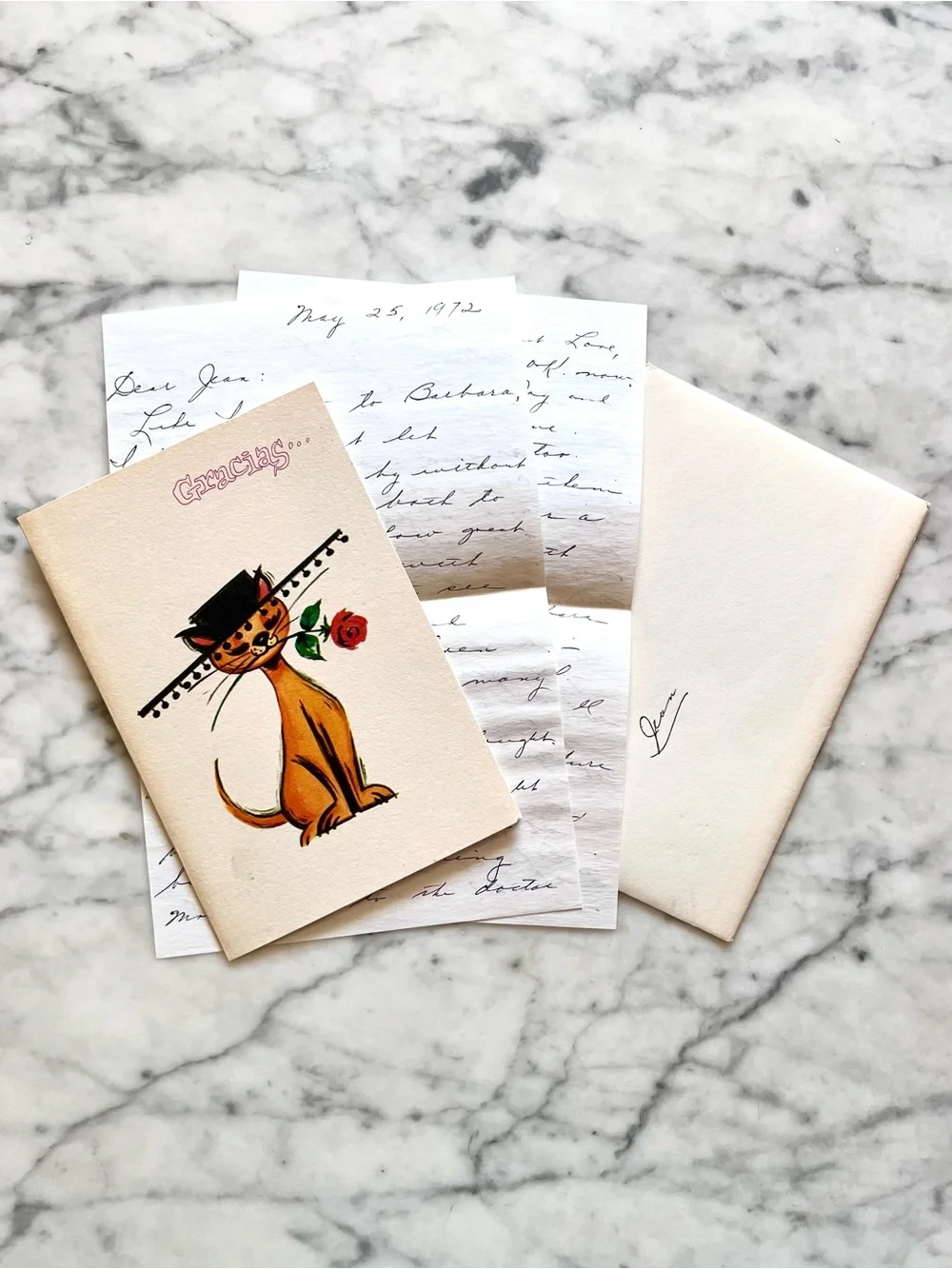 MCM Fravessi Thank You Card w/Cat in Sombrero Rose Spain Mexico 1951 Mid Century